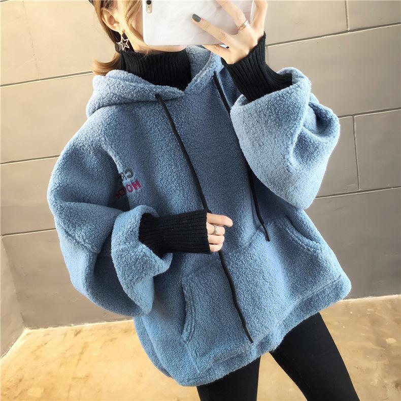 Large Size Fake Two-piece Plush Hoodie Loose Thick Autumn and Winter Jacket Lantern Sleeve Hooded Top Soft and Comfortable