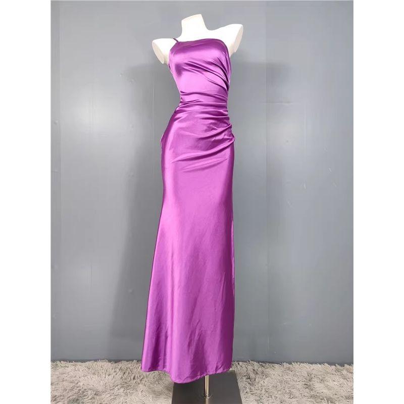 

Export Single French Style Adult Lady like Woman Beautiful Tall Slim Looking Ruffle Hip Split Cheongsam Maxi Dress Purple XL
