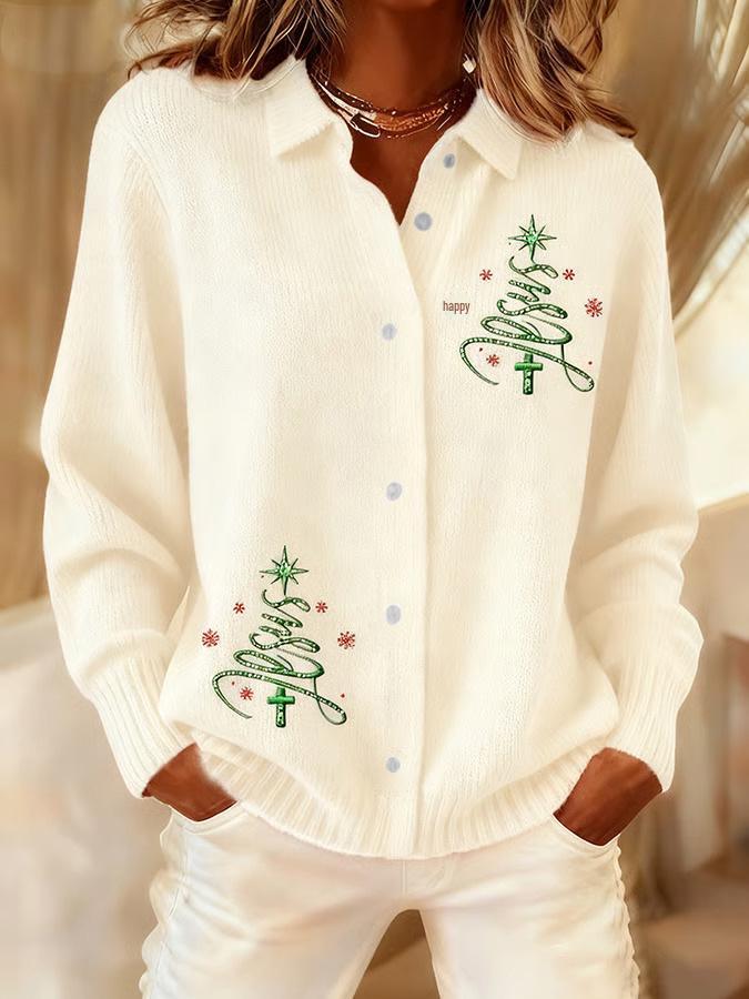 2025 Women's 3D Print Lapel Cardigan Shirt - Christmas Autumn/Winter Collection