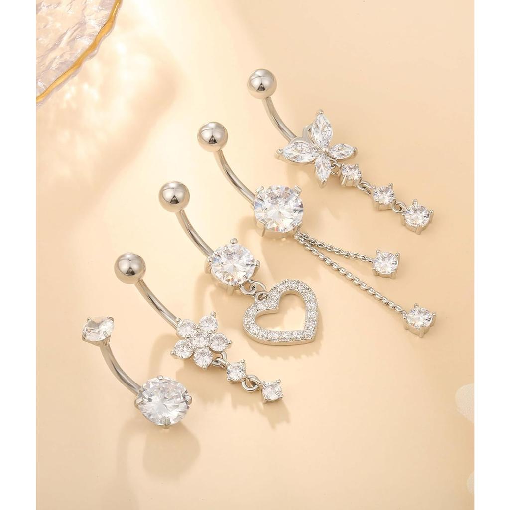 Surgical Stainless Steel Dangle Belly Button Rings for Women Belly Ring Dangling Piercing Jewelry with Heart Flower Butterfly Silver Gold Tone