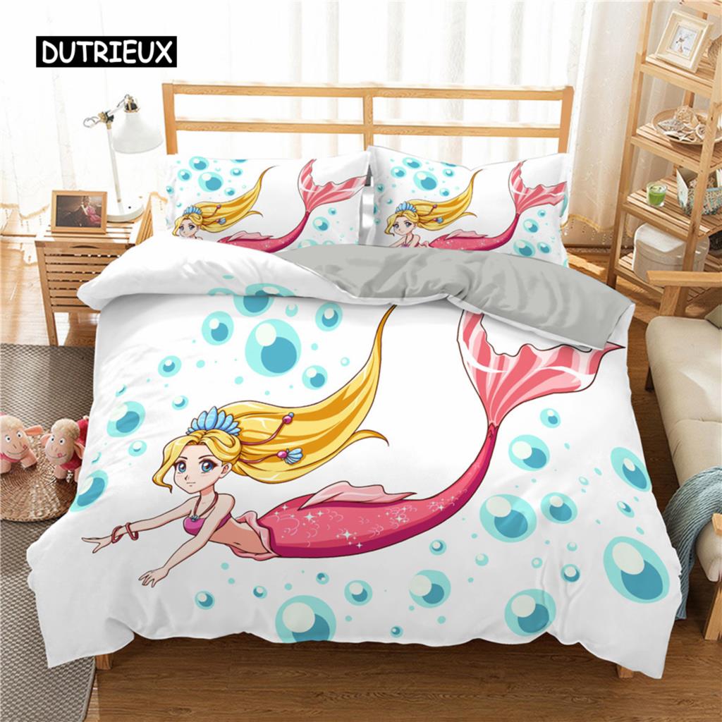 Beddengoed Set Ledikant Dekbedovertrek voor Baby Kinderen Blauw Cartoon Zeemeermin Edredones Niños Meisjes Prinses Polyester Dekbedovertrek