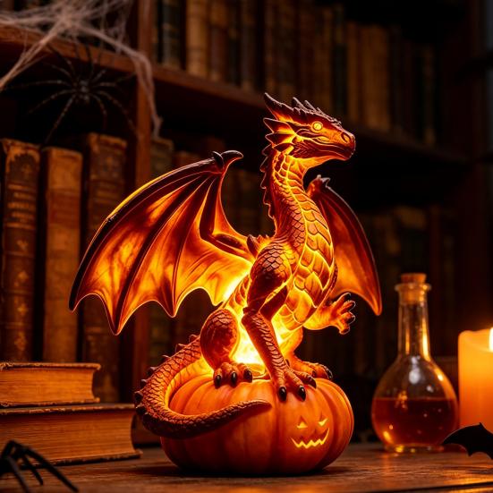 Dekorative LED-Lichter für Fensterbänke Halloween Kürbis Nachtlicht, Harz Drachen Tischlampe, Hexe Stimmungslicht Partyhut Schwarze Katze Krähe Lampe
