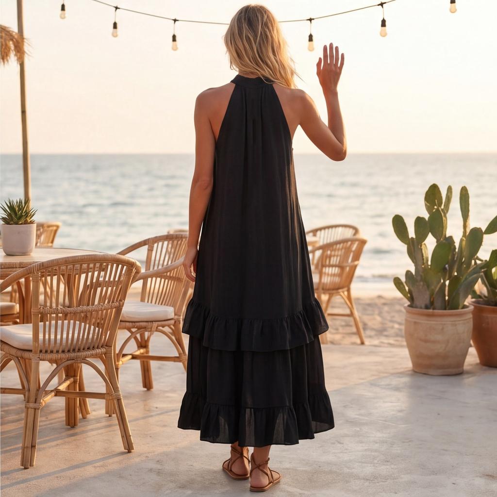Women's Summer Retro Elegant Casual Round Neck Sleeveless Ruffled Midi Beach Dress