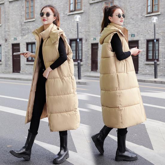 Colete feminino de inverno, acolchoado, com zíper, com capuz, ajuste solto, cintura ajustável, sem mangas, cor sólida, à prova de vento, retenção de calor