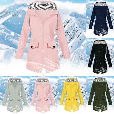 Damen Solid Stripe Regenjacke Outdoor Plus Wasserdichter Regenmantel mit Kapuze und winddicht