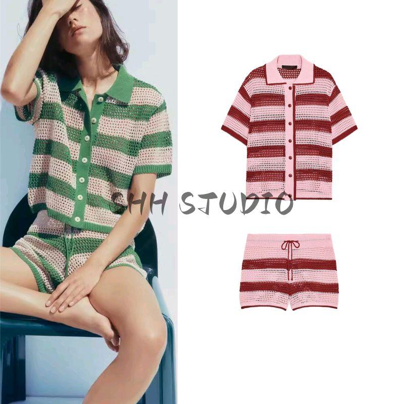 Stripes Polo Shirt Short Sleeve Knitting Outwear 3920284 High Waist Temperament Leisure Knitting Shorts 3920285