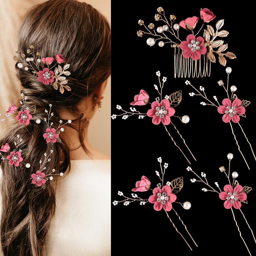 Headpiece Golden Wedding Hair Accessories Bridal Flower Wedding Hair Pins 5 PCS Pearl Hair Clips Jewelry with Rhinestone for Brides Bridesmaids Women