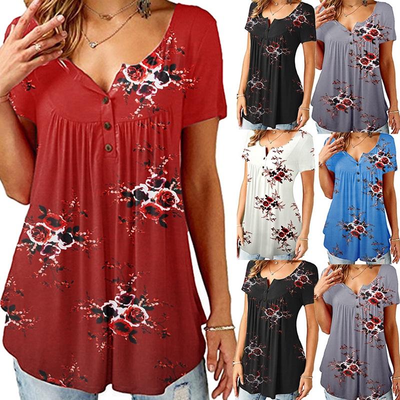 Women Floral Short Sleeve T Shirt Tops Ladies Tunic Baggy V Neck Pullover Blouse