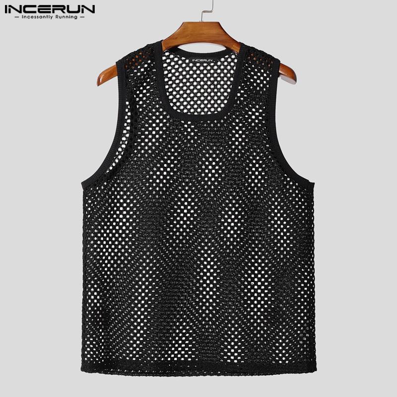 INCERUN Two Pieces Men Hollow Out Sleeveless Tank Tops and Loose Shorts Outfits Sets