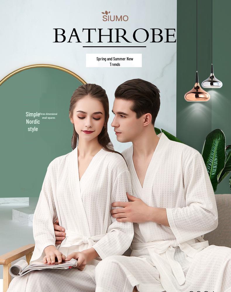 Spring-Summer Waffle Bathrobe: Unisex, Lightweight, 3/4 Sleeves, Korean Style, Absorbent