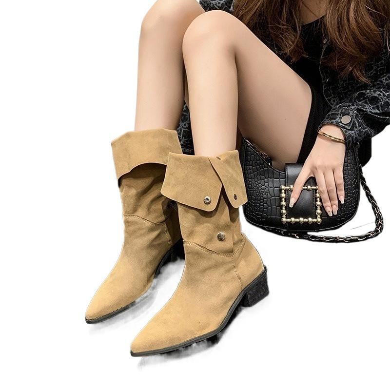 Boots Women's Coarse Heeled Western Cowboy Boots  New Spring and Autumn Summer Single Boots Mid heeled Boots
