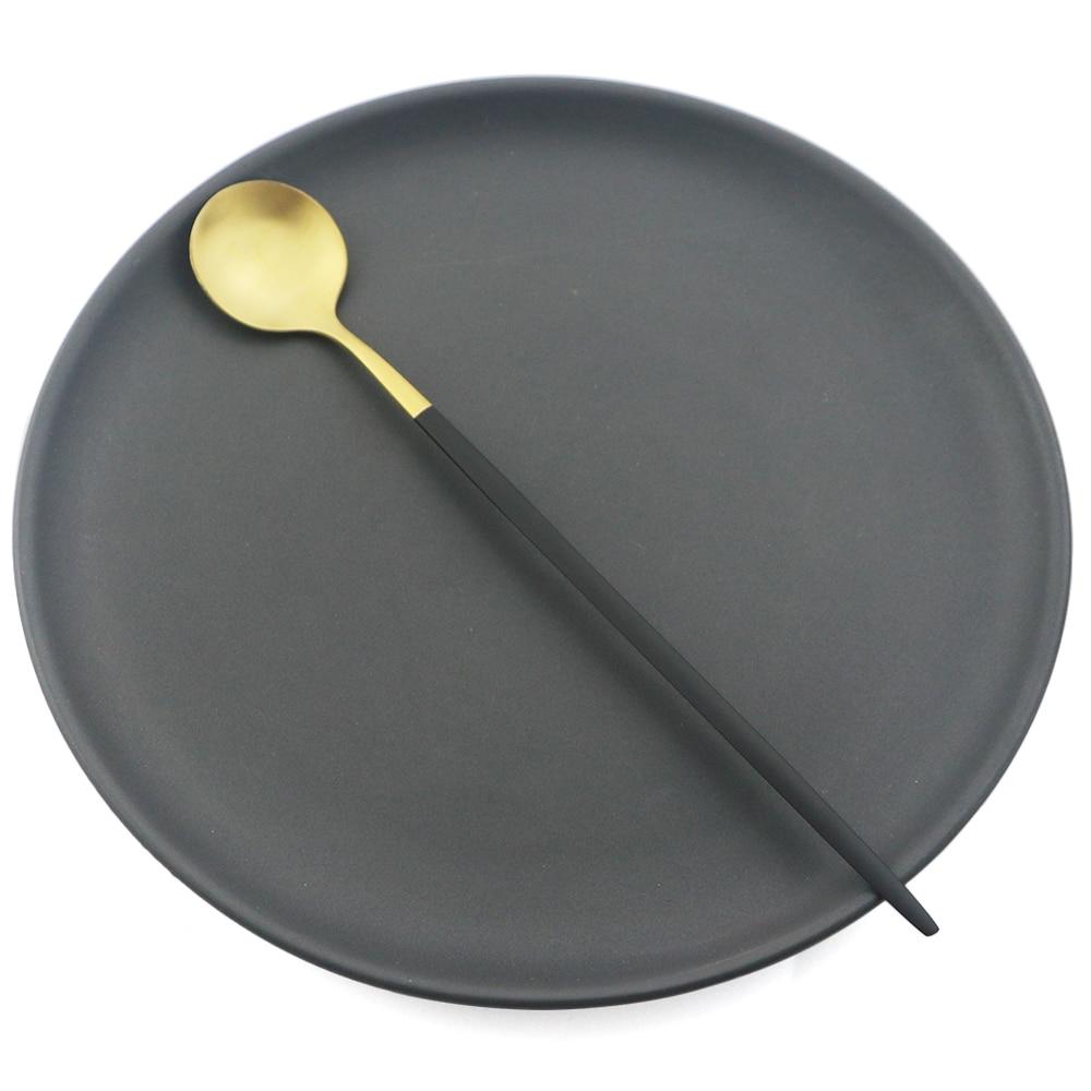 Juego de cucharas con mango largo dorado de 6 uds., juego de cubiertos de acero inoxidable mate, bebida agitadora pulida, helado, postre, cuchara para té, vajilla