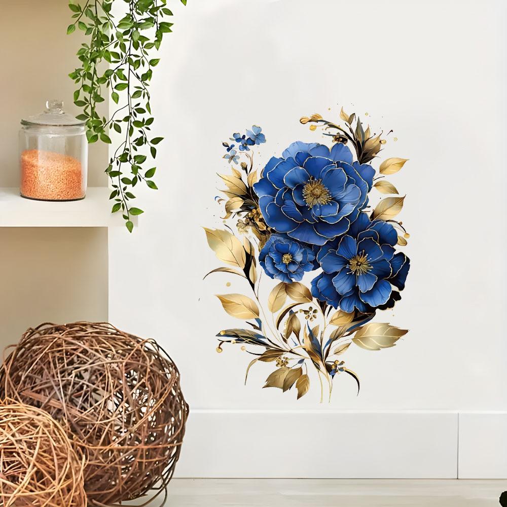 Self-adhesive Gorgeous Blue Peony Wall Stickers Large Flowers for Dining Room Accent Wall Home Decor