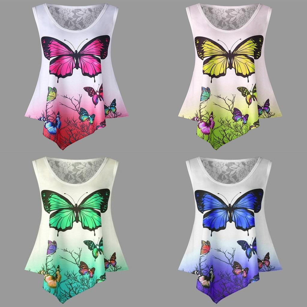 Stylish Women Sleeveless Butterfly Print Lace Patchwork T-shirt For Summer Chic