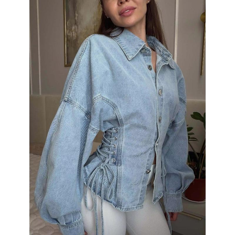 TrendHub Giacca Corta Vintage in Denim da Donna con Collo Bottoni Corsetto Allacciatura in Vita Maniche a Lanterna Regolabili Y2K Streetwear Capospalla