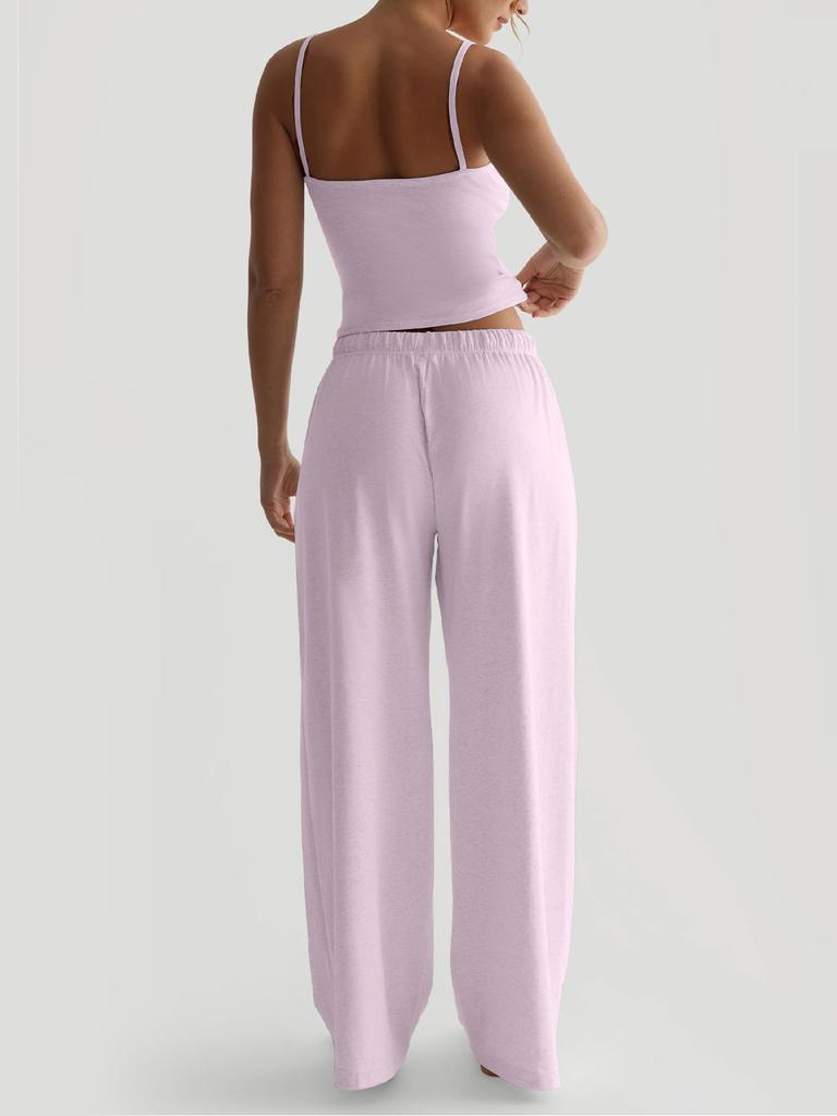Summer Camisole Crop Top Long Pants Casual Wide Leg Pants Lazy Style Set For Women