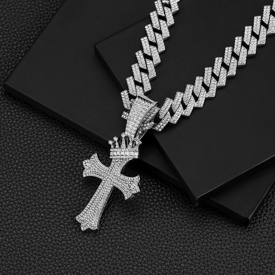 Full Diamond Crown Cross Pendant Eco-Friendly Electroplating Alloy Diamond-Set Cuban Necklace Jewelry