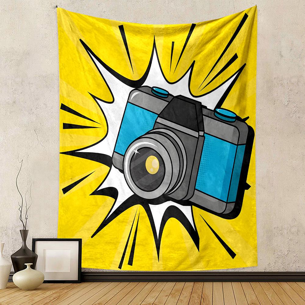 Retro Camera Pop Art Design Patterned Tapestry Decorative Wall Hanging, Home Bedroom Living Room Decor