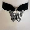 Gothic Dark Romantic Oxidized Silver Skull Butterfly Pendant Adjustable Black Deep Red Velvet Chokers Necklace for Woman Jewelry