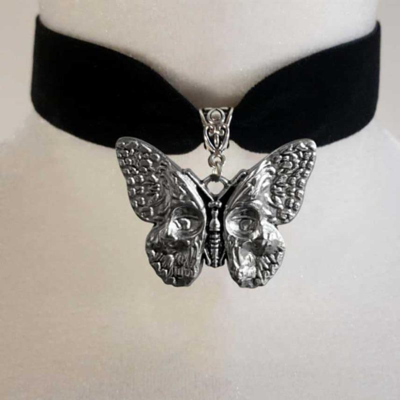 Gothic Dark Romantic Oxidized Silver Skull Butterfly Pendant Adjustable Black Deep Red Velvet Chokers Necklace for Woman Jewelry