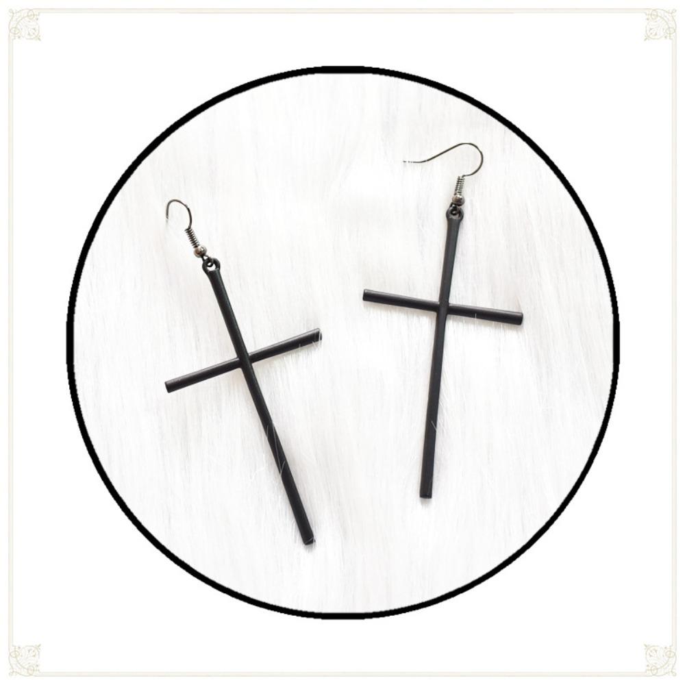 Gothic Minimalist Black Silver Color Large Cross Pendant Dangle Earrings for Women Halloween Party Punk Jewelry Accessories Gift