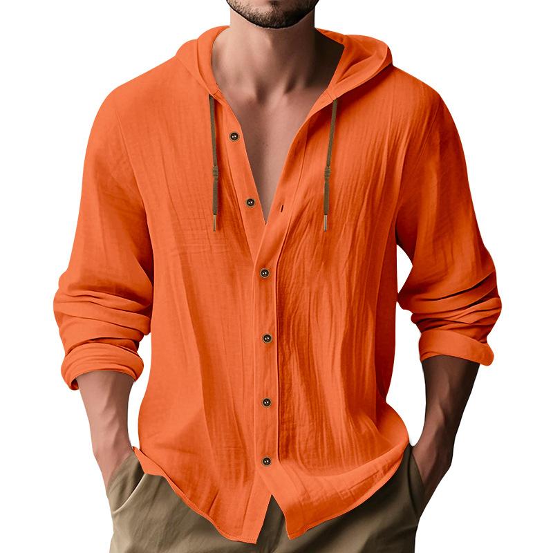 Men's Linen Blend Hooded Button Down Shirt Casual Long Sleeve