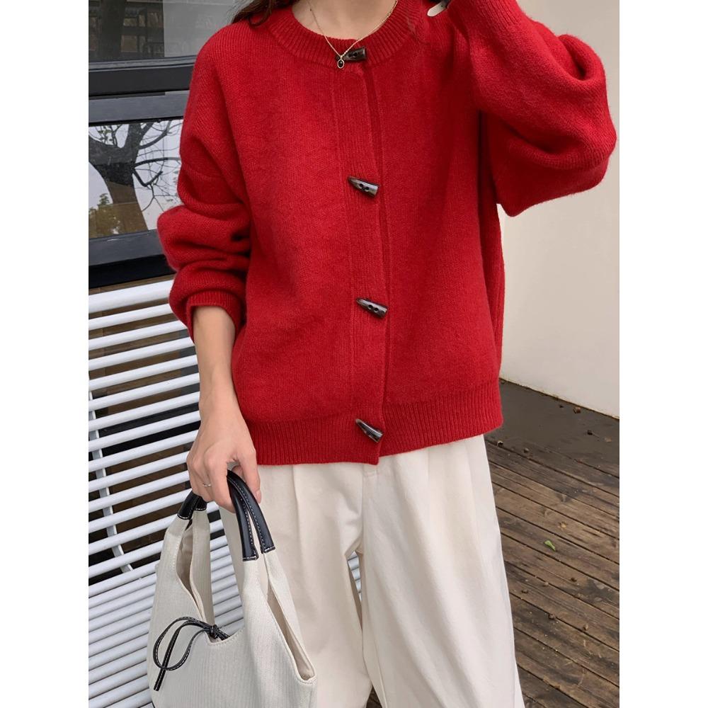 Round-neck Horn-buttoned Sweater Coat for Women's Autumn and Winter New Loose, Retro Solid Color, Versatile Knitted Cardigan