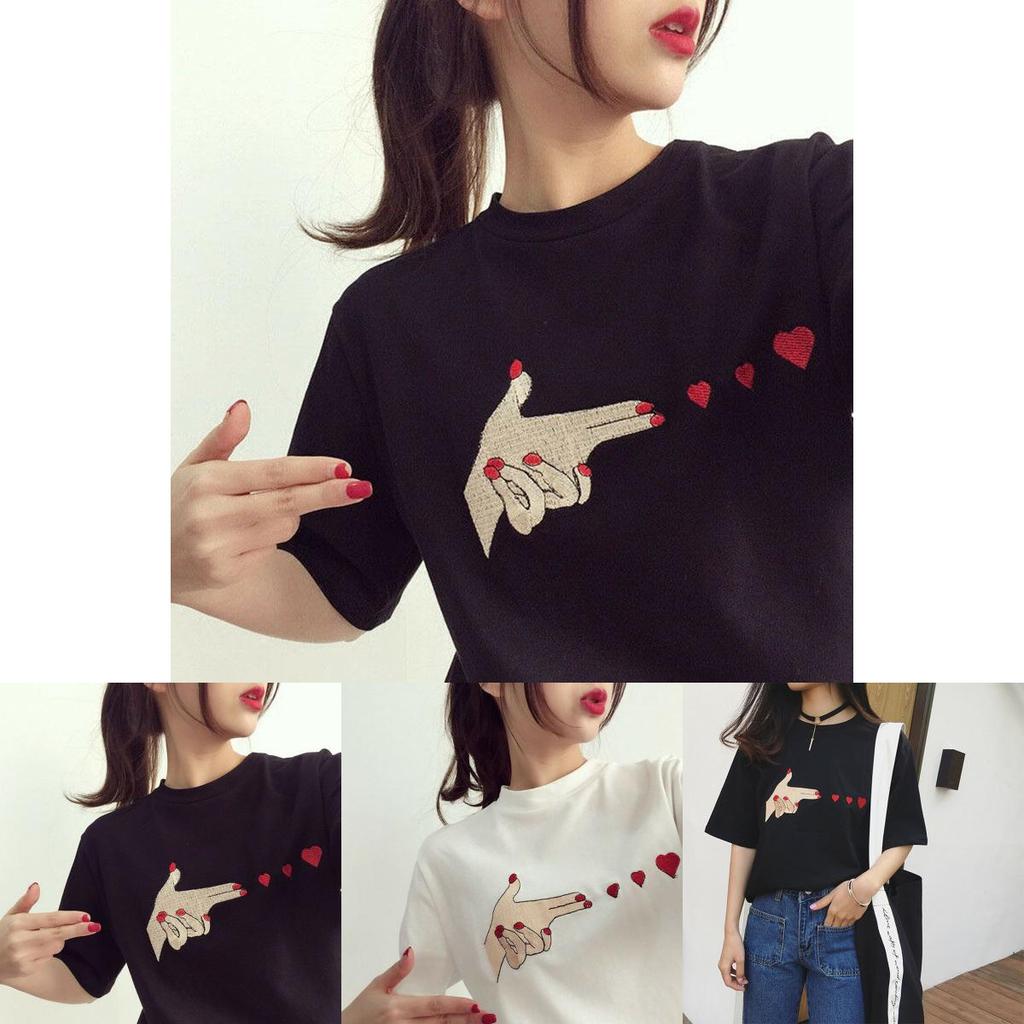Fashion Women Girl Korean Summer Heart Print Casual T-shirt With Short Sleeves