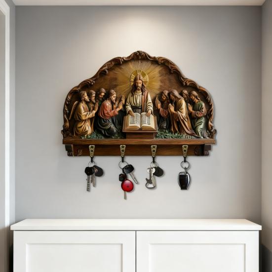 Veggmontert nøkkelholder Treskjæring Jesus-tema Nøkkelorganisator Multifunksjonell Hjemmekontor Entré Dekorativ Nøkkelhengerhylle
