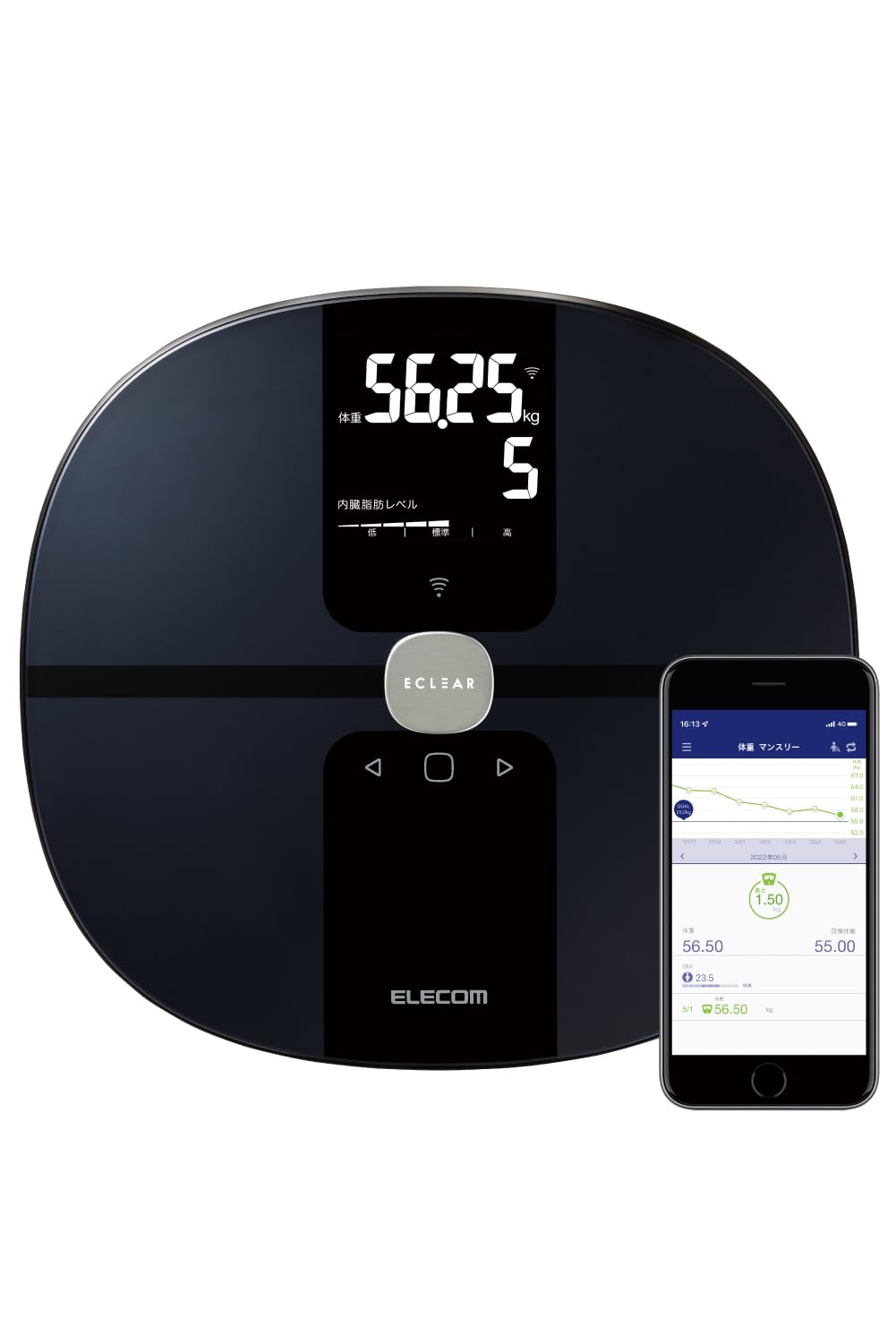

ELECOM Weight Body Composition Meter Data Transfer Carpet Legs with Backlight Fat Fat Muscle 50g Unit Black Scale, [No Required, Wi-Fi Connection]