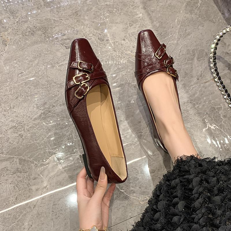 Fashion Shoes Woman Comfortable And Elegant Oxfords Buckle Strap Female Footwear Shallow Mouth Slip-on Square Toe Leather New Dress Slip