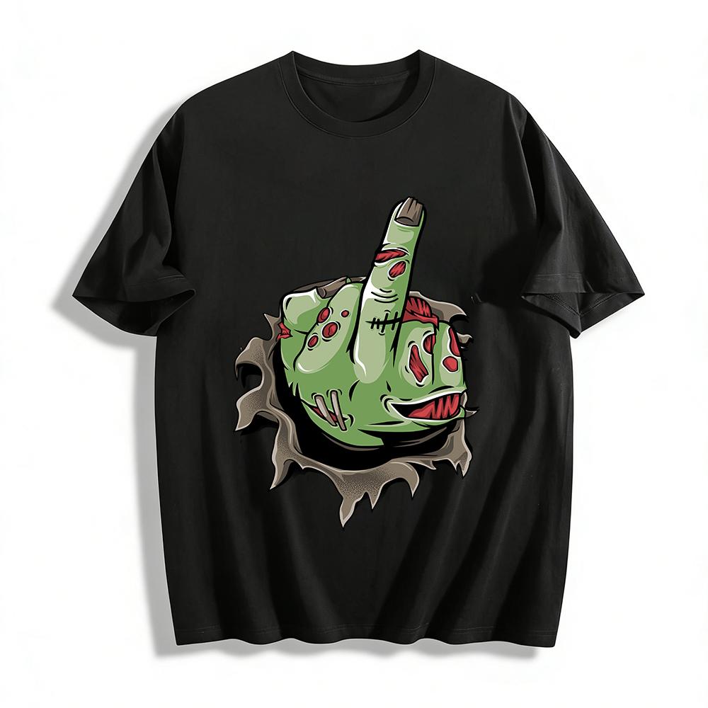 

Zombie Middle Finger Print Distressed Casual Short Sleeve T-Shirt Pure cotton T-shirt 6XL
