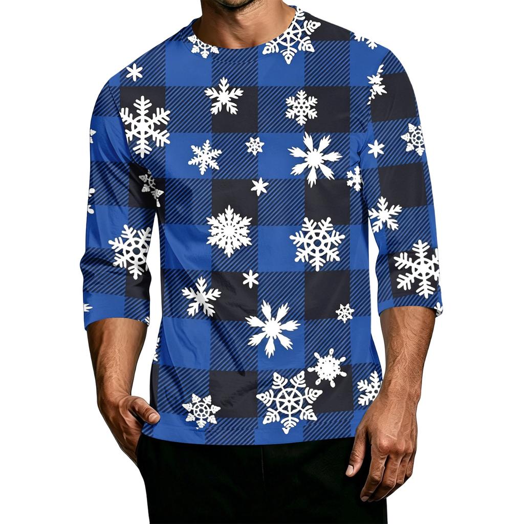 Men's Casual Neck Three-Quarter Sleeve Christmas Print T-Shirt for Holiday Festive Wear