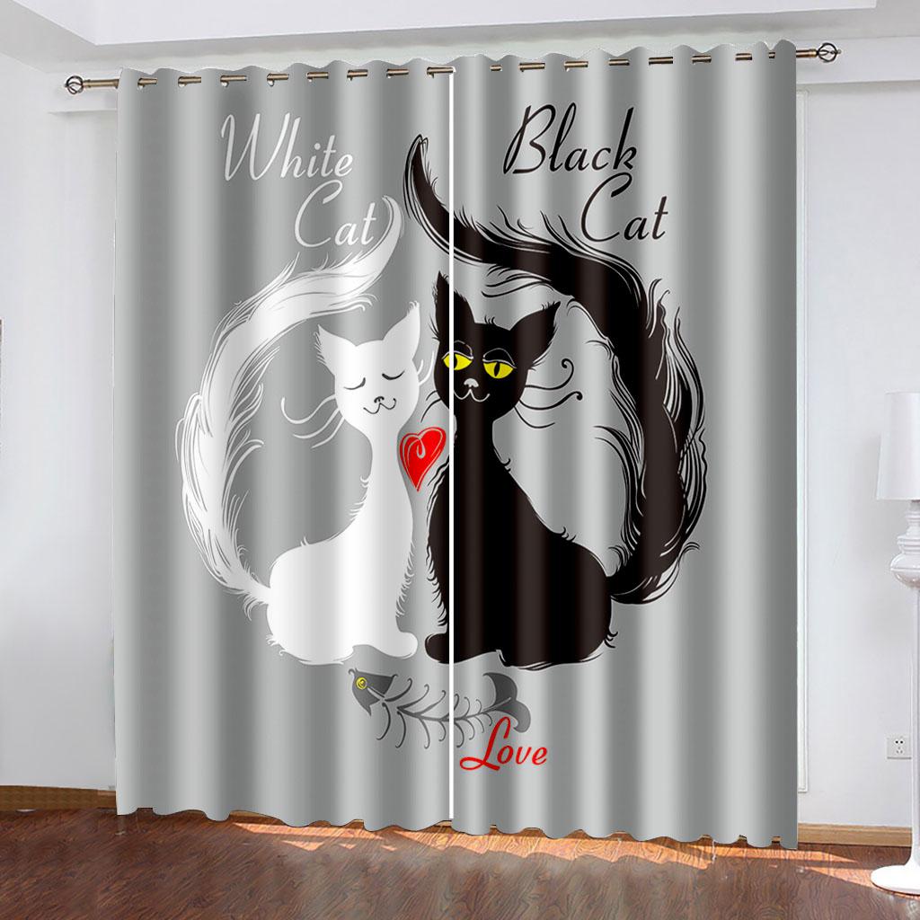 3D Cheap Cartoon Cat Cute Funny Design Shade Thin 2 Piece Window Curtain for Children's Kid Bedroom Living Room Decor on Sale