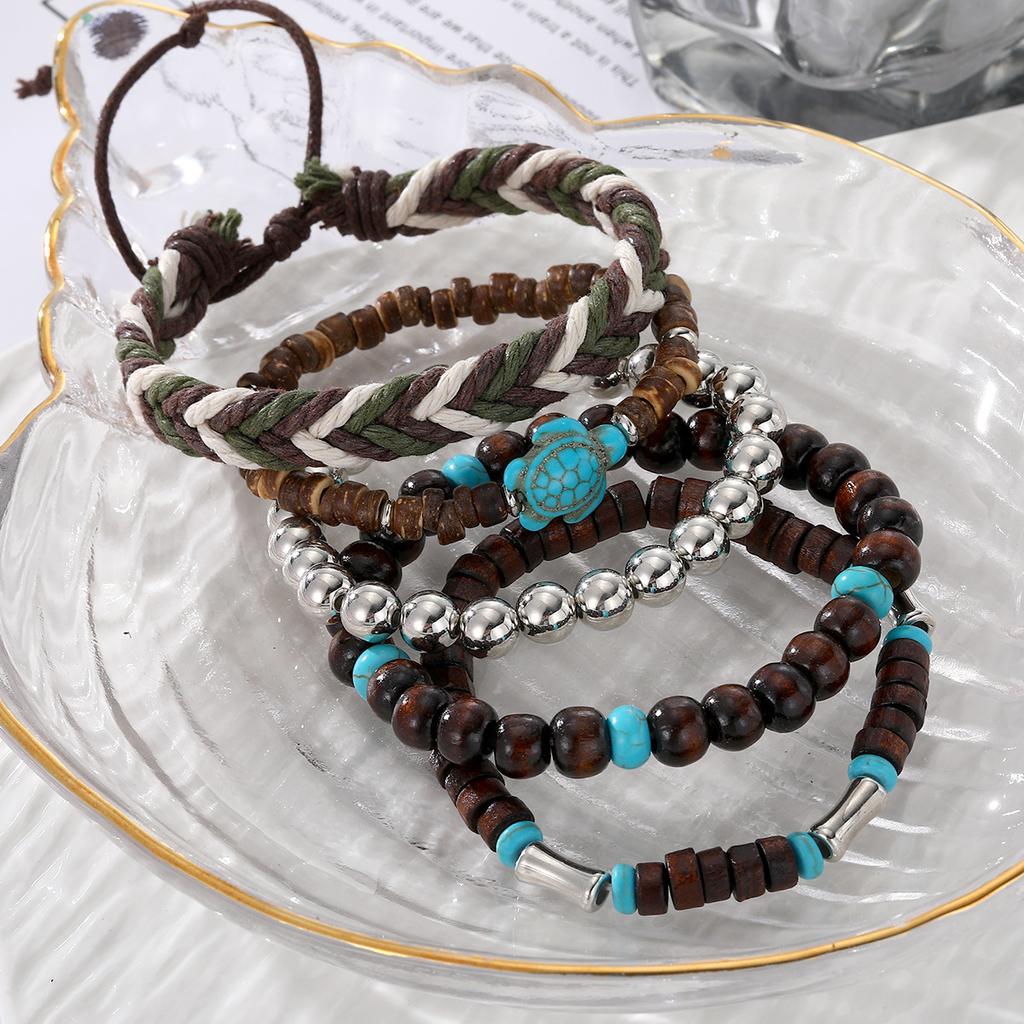 5-piece Bohemian Sea Turtle Vintage Wooden Shell Wax Rope Woven Bracelet Set