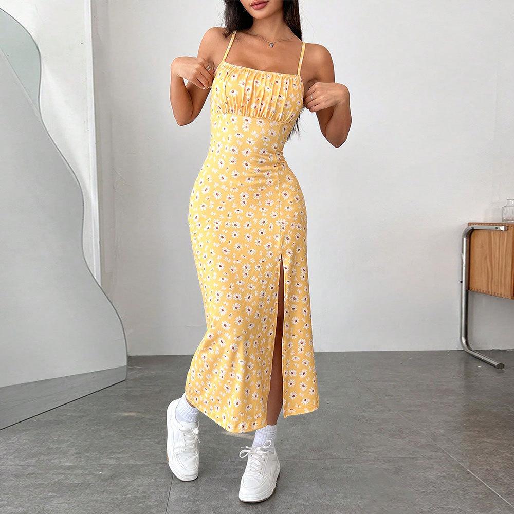 summer new Women's Side slit maxi Dress y2k Fashion Floral print Bodycon Dress sleeveless sweet A-line sexy yellow sling Dresses