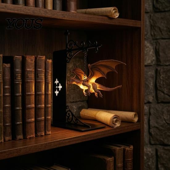 Dragon Culture Collectible Figurine Fantasy Bookshelf Lamp, Retro Flying Light, Literature Fan Gift Creative Bookend Light for Library Reading Corner