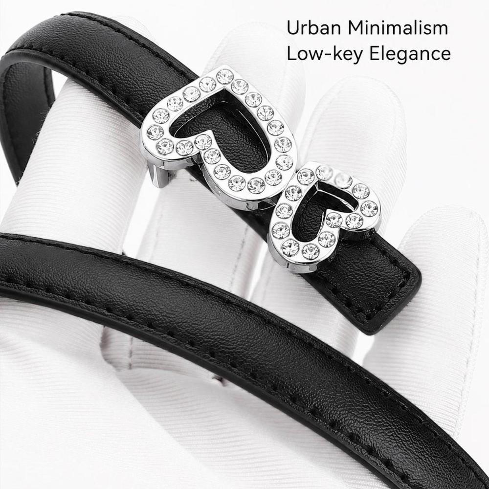 Leather Women's Thin Belt Rhinestone Heart Buckle Dress Belts Slim Waist Belt  Fashion Styling