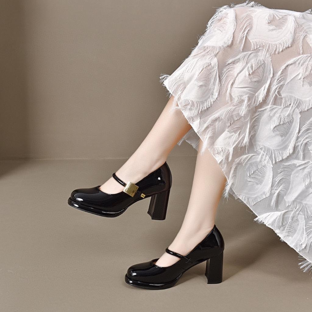 Square head Mary Jane shoes women's spring new one-word buckle shallow mouth single shoes high heels thick heel fashion shoes