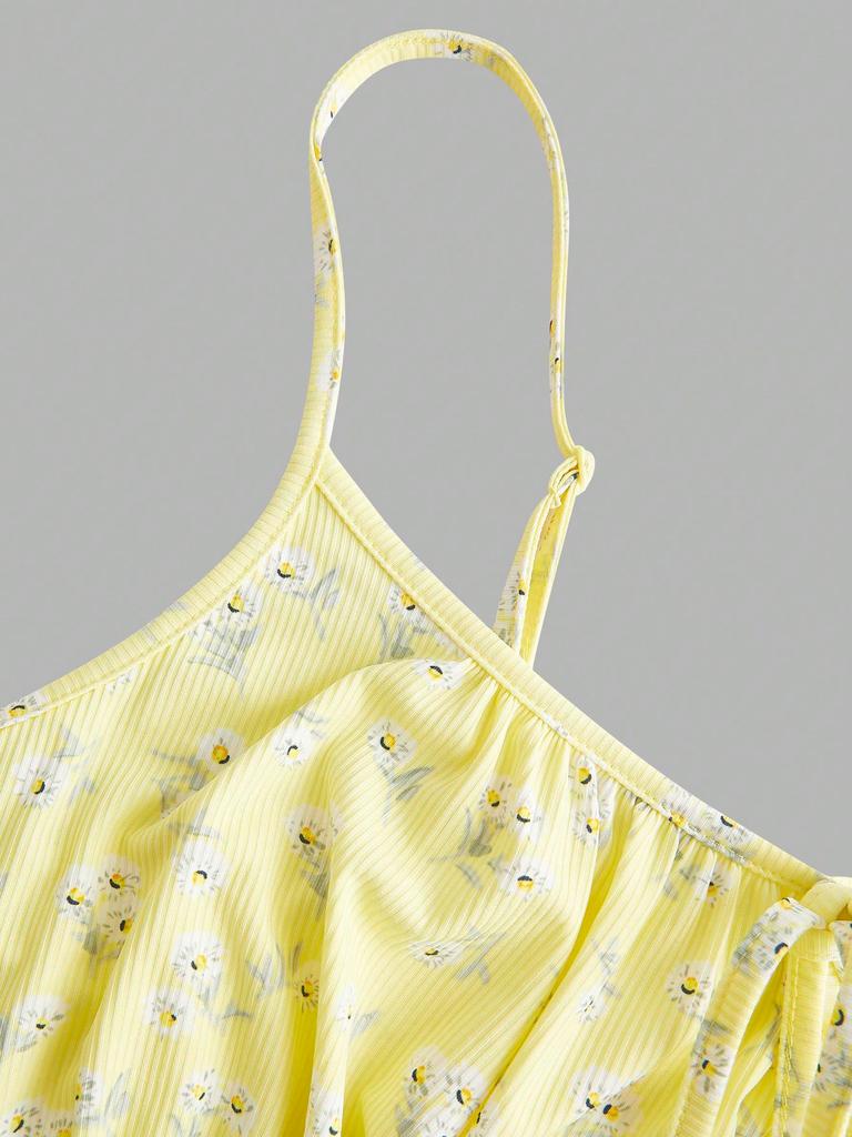 Women Thin Spaghetti Strap Ditsy Floral Front Tie Ribbed Mini Skater Dress 2026 Summer Y2K Yellow Cute Beach Vacation Swing Shor