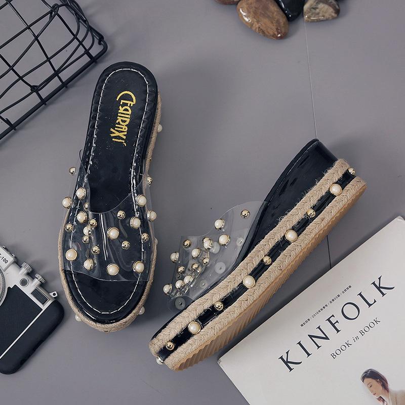 Elegant Women Pearl High-heeled Slippers With Grass Thick-soled Outdoor Sandals