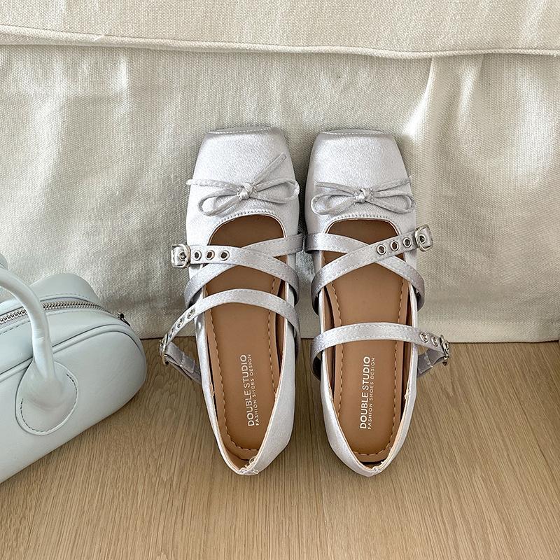 Satin temperament silver French square head light mouth flat sole shoes women's summer 2025 new with skirt Mary Jane shoes