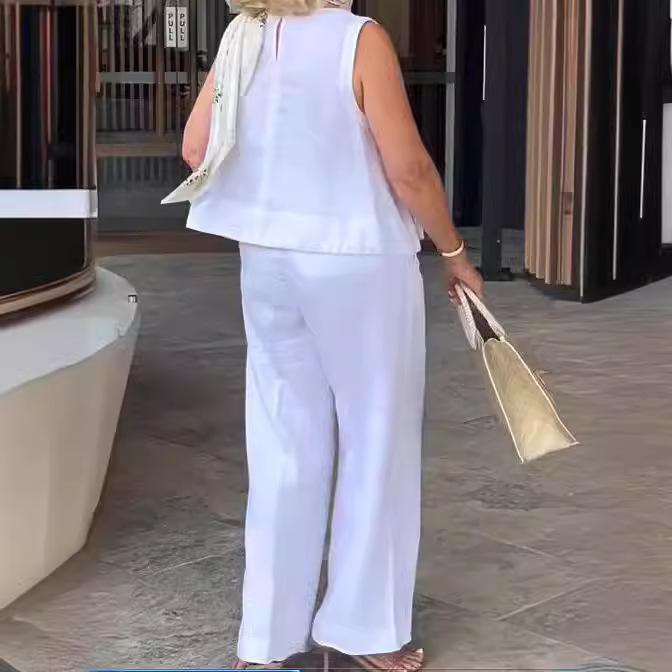 Damenanzüge Sommermode Ärmellose lockere Bluse Weitbeinige Hose Zweiteilige Sets für Damen Freizeitoutfits