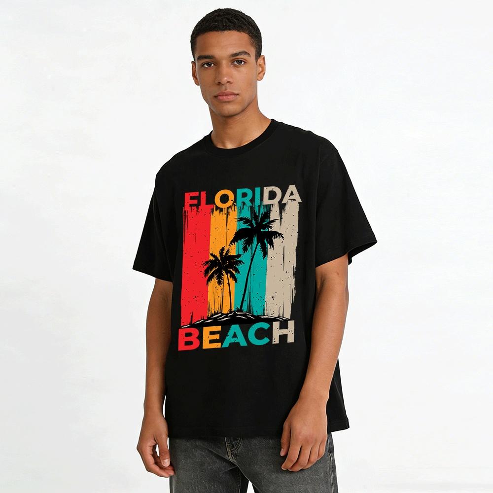 Vintage Florida Beach Coconut Tree Print Casual Vacation T-Shirt Pure Cotton T-shirt