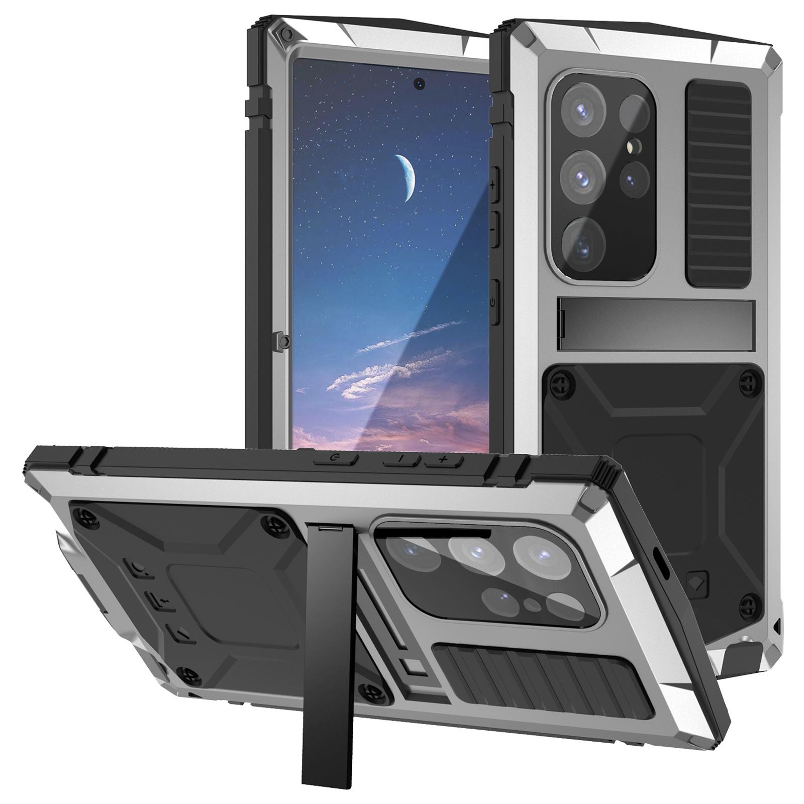 

For Samsung Galaxy S25 Ultra Case PC+Silicone+Metal Kickstand Phone Cover with Tempered Glass Film Silver