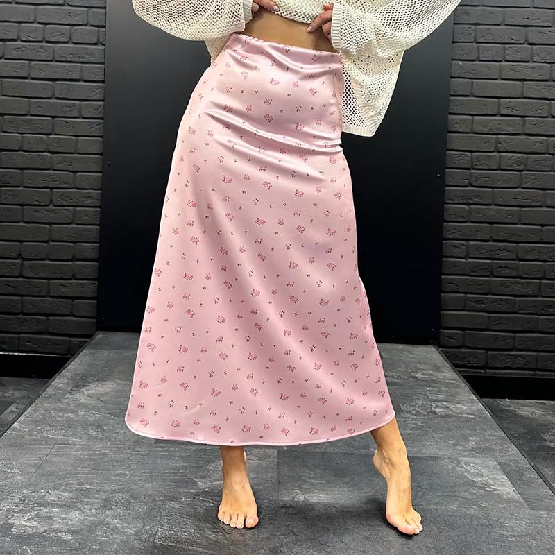 2026 Satin Printed Skirts Women High Waist Long Skirts Summer Midi A-line Skirts Women Office Elegant Women's Loose Skirts