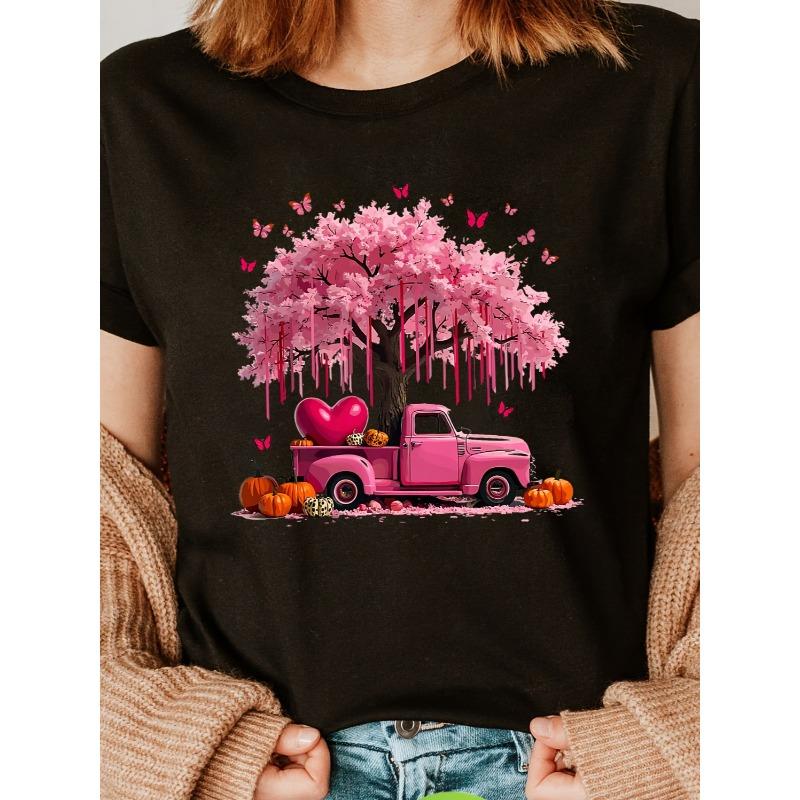 

European sizes Heart Print Crew Neck T-Shirt, Casual Short Sleeve T-Shirt For Spring & Summer, Women s Clothing 4XL чорний