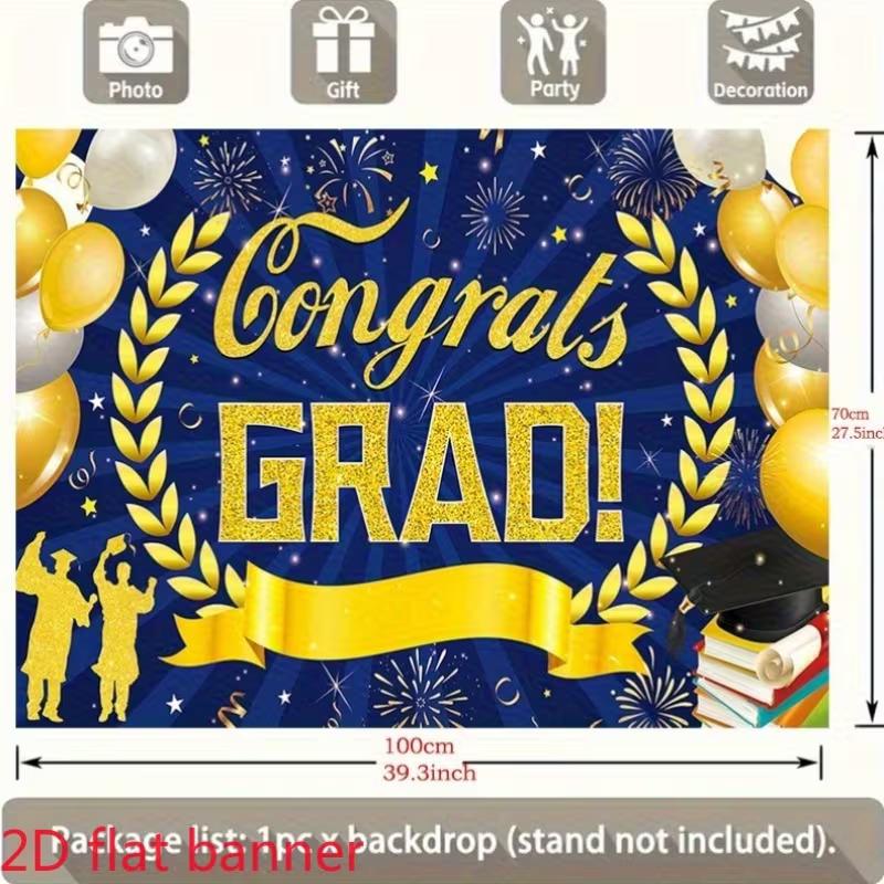 2D Blue Gold Congrats Grad Backdrop, Graduation Party Banner