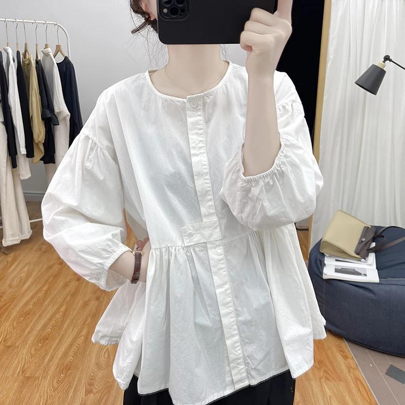 Womens Casual Solid Color V Neck Puff Sleeve Pleated Blouse