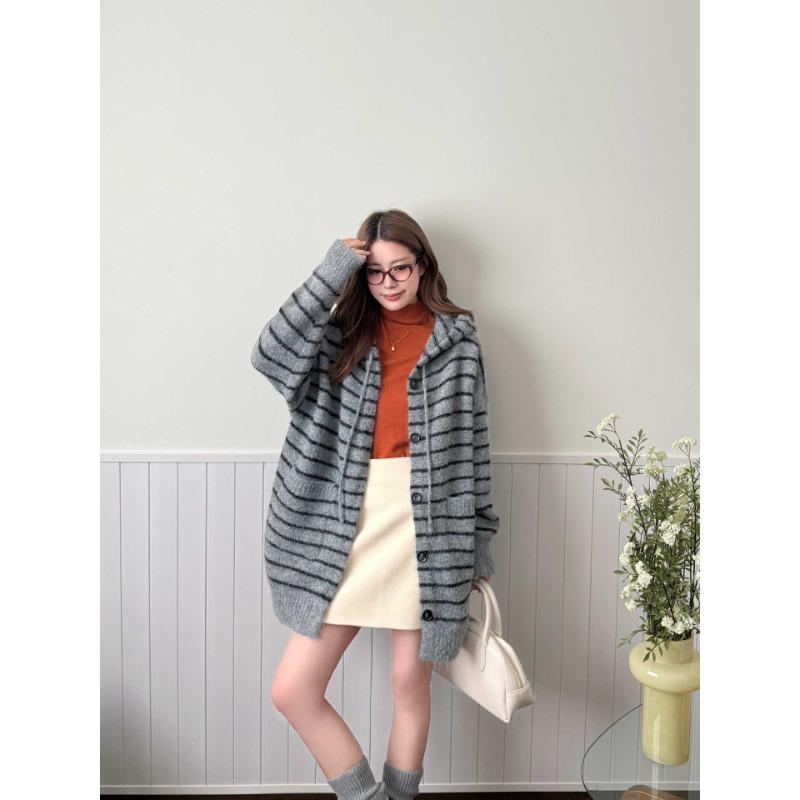 Hooded striped casual knitted cardigan women's autumn and winter new fashion loose lazy sweater jacket